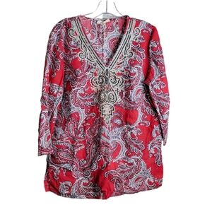 Linen Charter Club Luxury Red blouse size L sequin embroidered Valentines